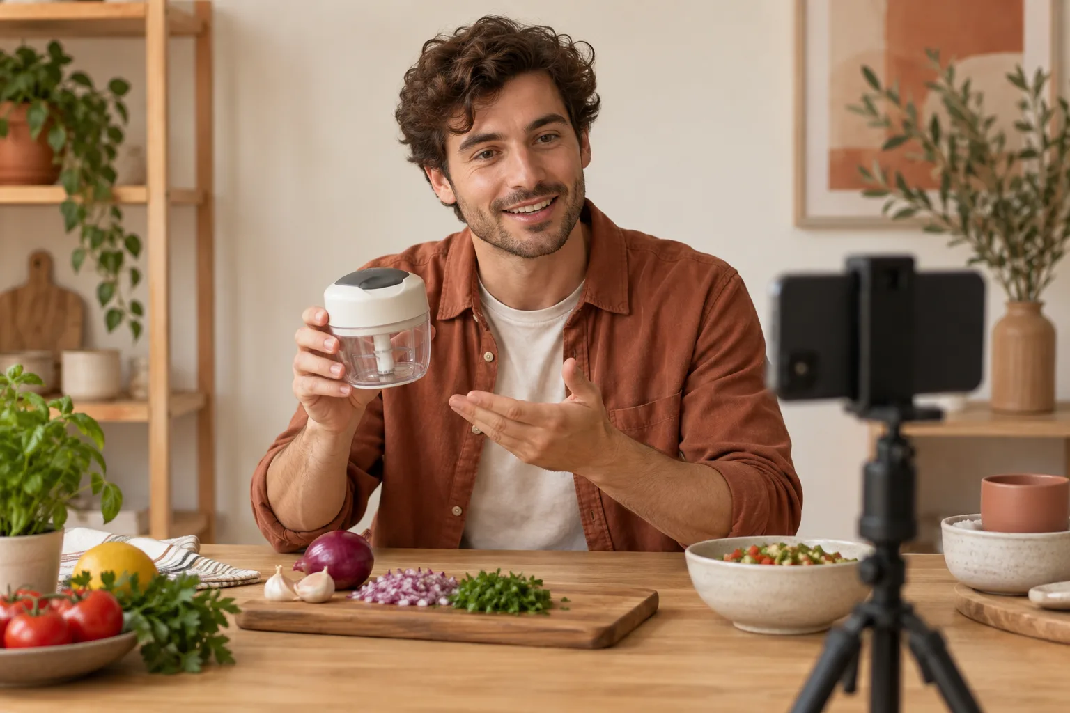 Illustrative host demonstrating a kitchen tool to a phone camera