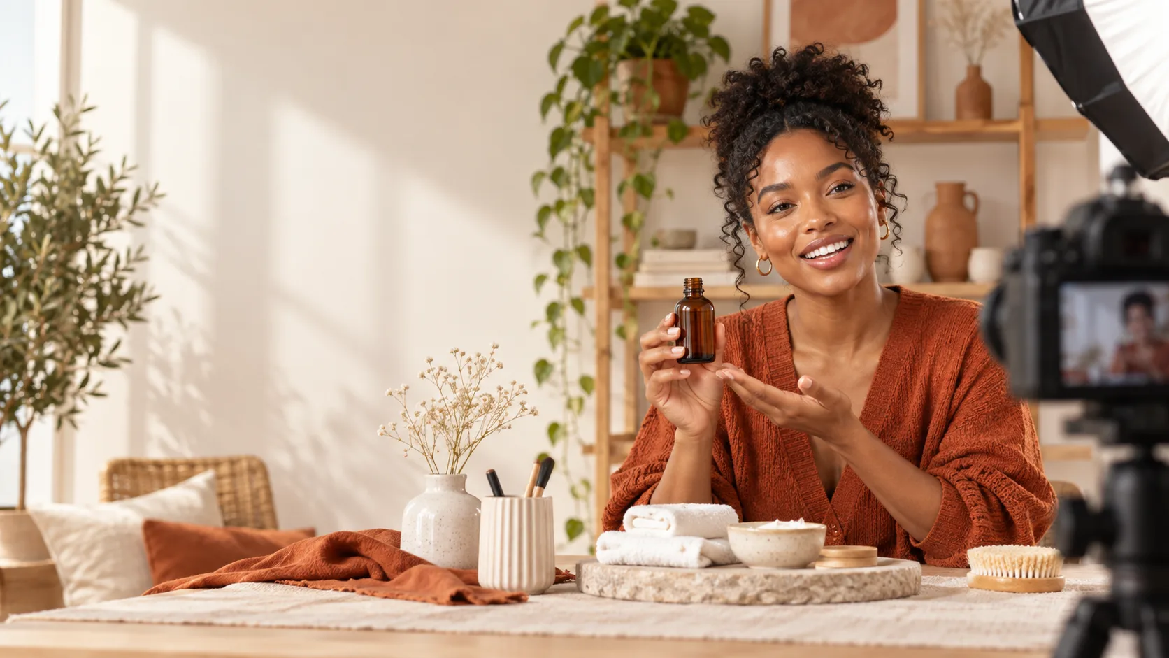Illustrative host showing a skincare product in a home studio
